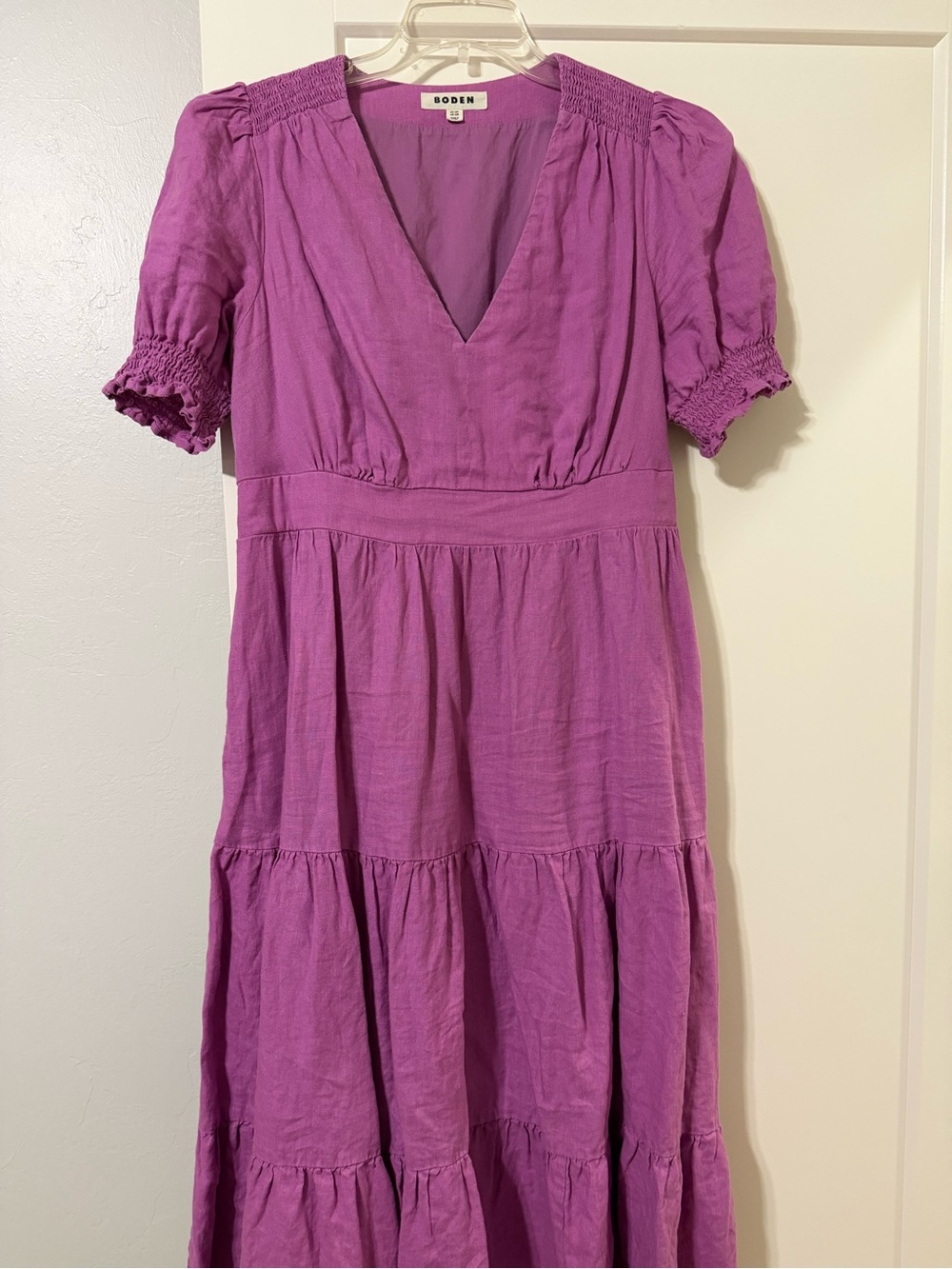 Boden Anna Linen Tie-Waist Puff Sleeve Top - Foxglove Purple - Picture 2 of 4